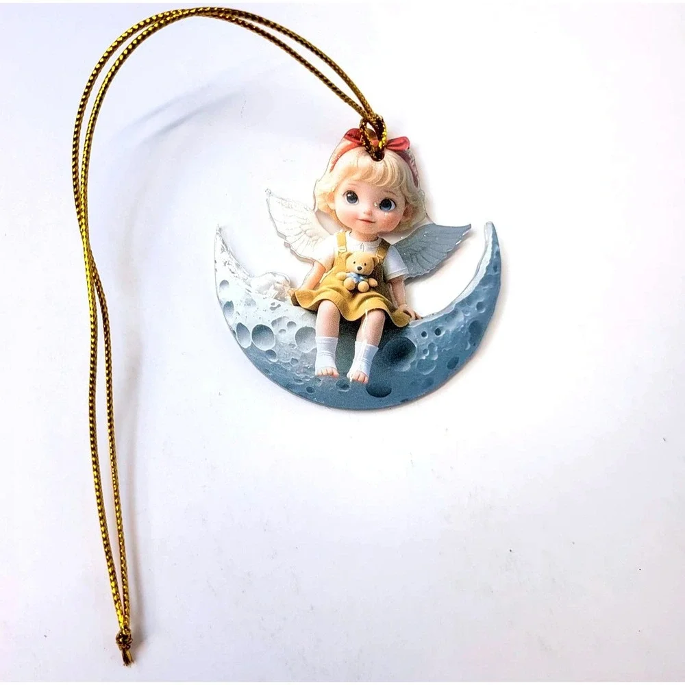Angel Moon Ornament Teddy Bear Whimsical Decor Blue Yellow